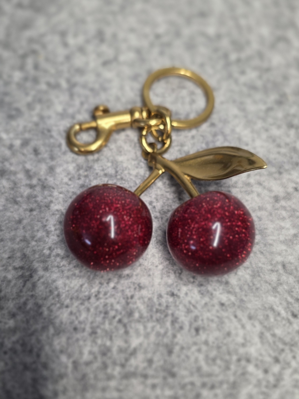Glitter Cherry Keychain CHARM with Gold Hardware